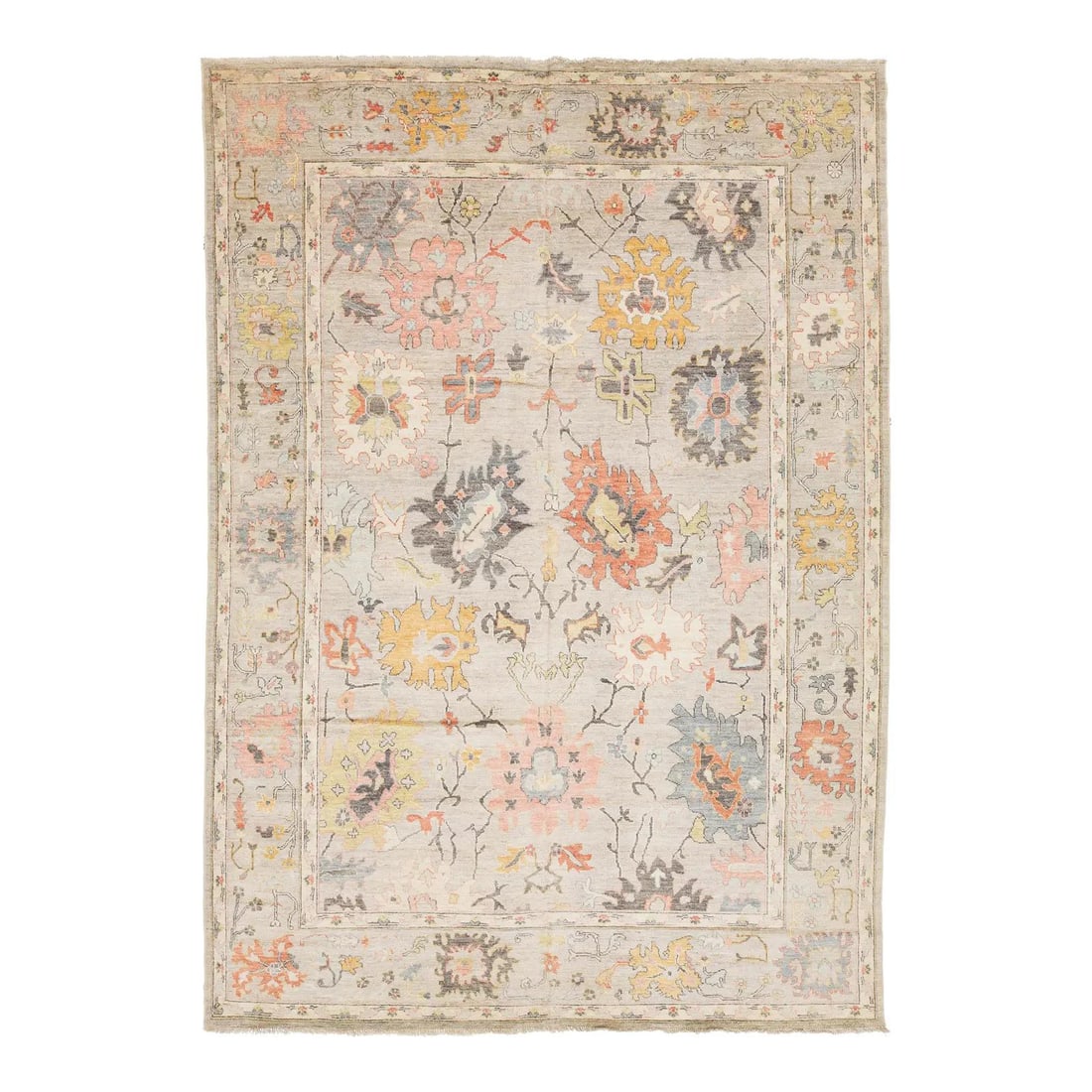 9'9 x 13'10 Hand-Knotted Wool Oushak Style Rug With Beige Floral Pattern: 9'9 x 13'10 Hand-Knotted Wool Oushak Style Rug With Beige Floral Pattern This hand-knotted modern Oushak style rug blends traditional Turkish design with a contemporary, light color palette. It featur