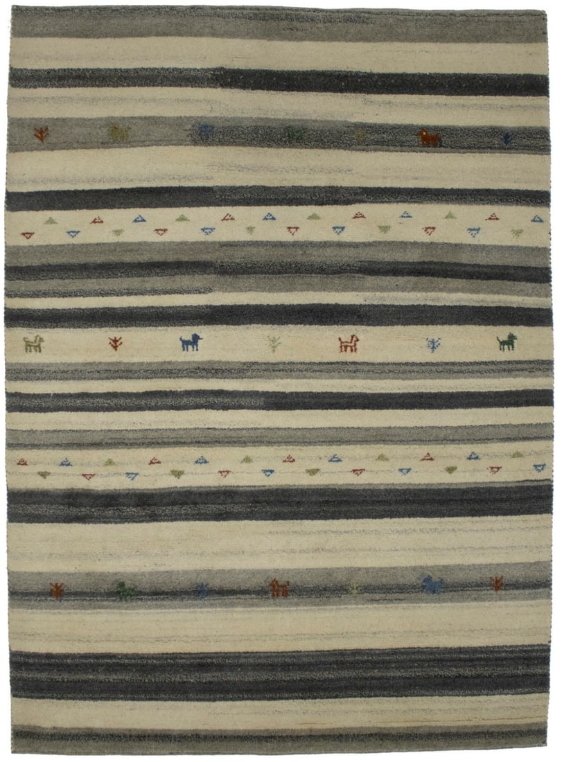 Hand-Knotted Wool Area Rug Modern Tribal Striped Design 4'8 x 6'5: Hand-Knotted Wool Area Rug Modern Tribal Striped Design 4'8 x 6'5 This Indo-Gabbeh area rug features a handmade, hand-knotted construction in a modern striped pattern with tribal influences. Crafted