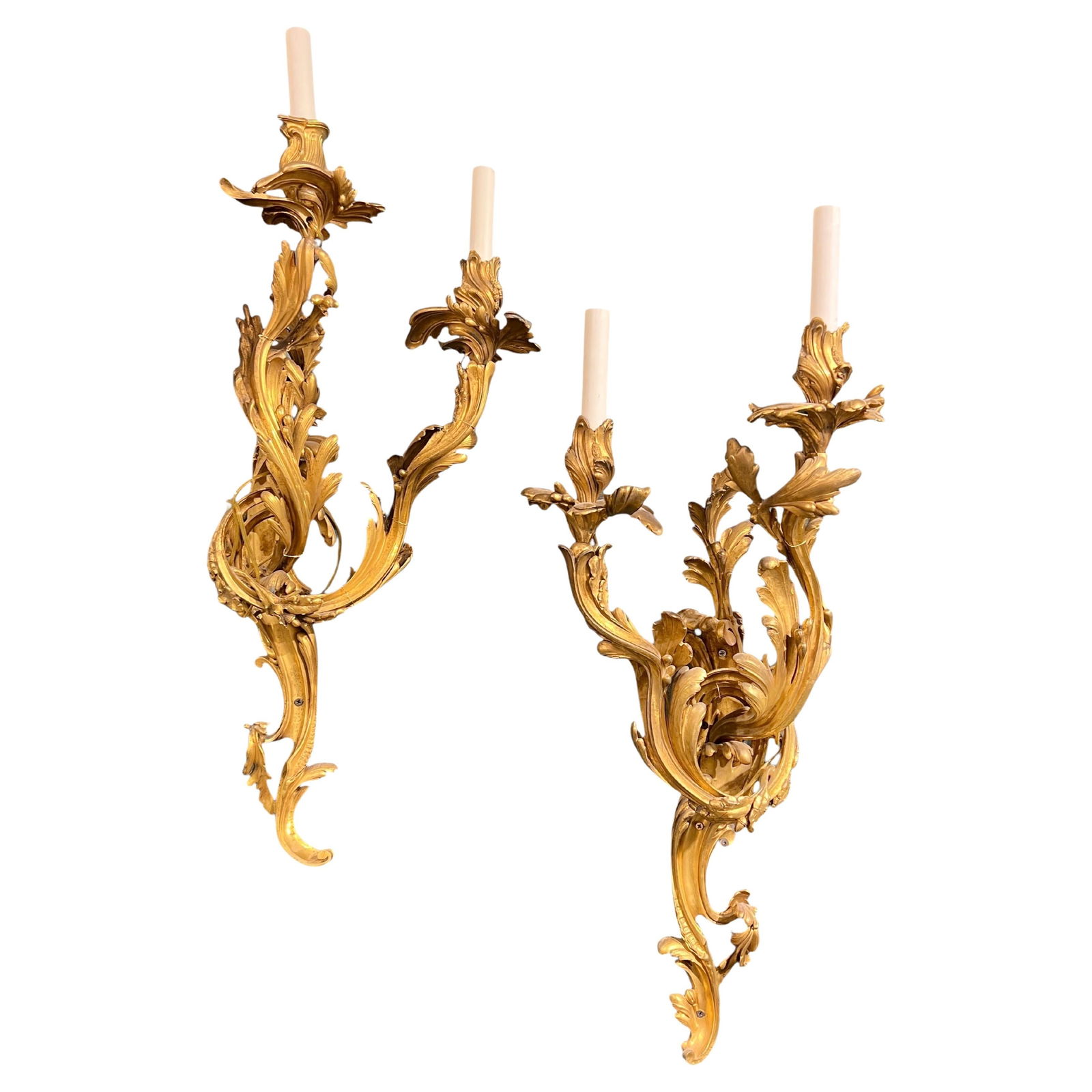 Pair of Large French Gilt Bronze Louis XV Sconces Late 19th Century: Pair of Large French Gilt Bronze Louis XV Sconces Late 19th Century This exceptional pair of large 19th century French Louis XV style gilt bronze sconces features intricate rococo detailing. Each