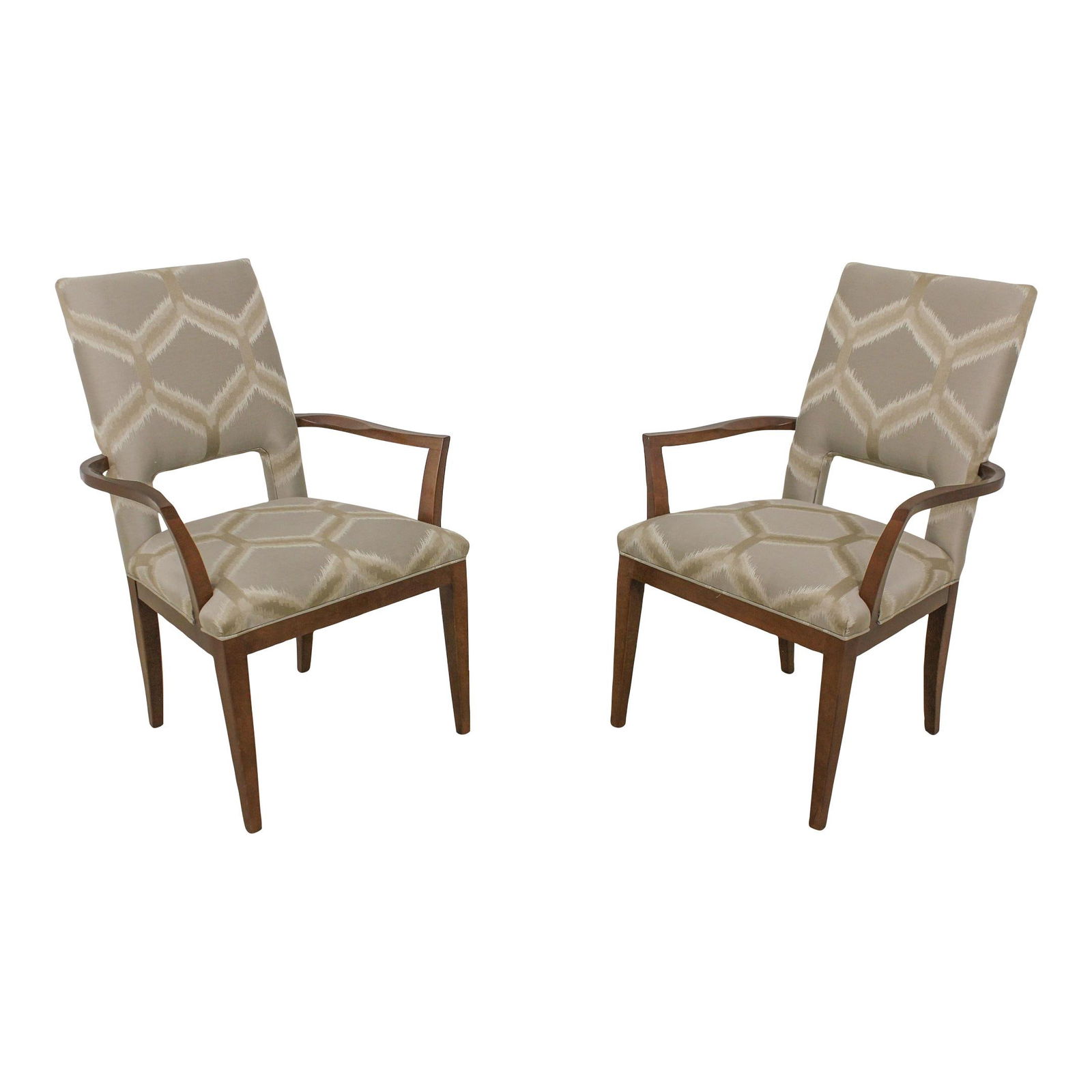 Stylish Pair of Modern Upholstered Open Armchairs in Brown: Stylish Pair of Modern Upholstered Open Armchairs in Brown This pair of mid-century modern upholstered open armchairs features a sleek design and high-quality construction reminiscent of RobsJohn Gibb