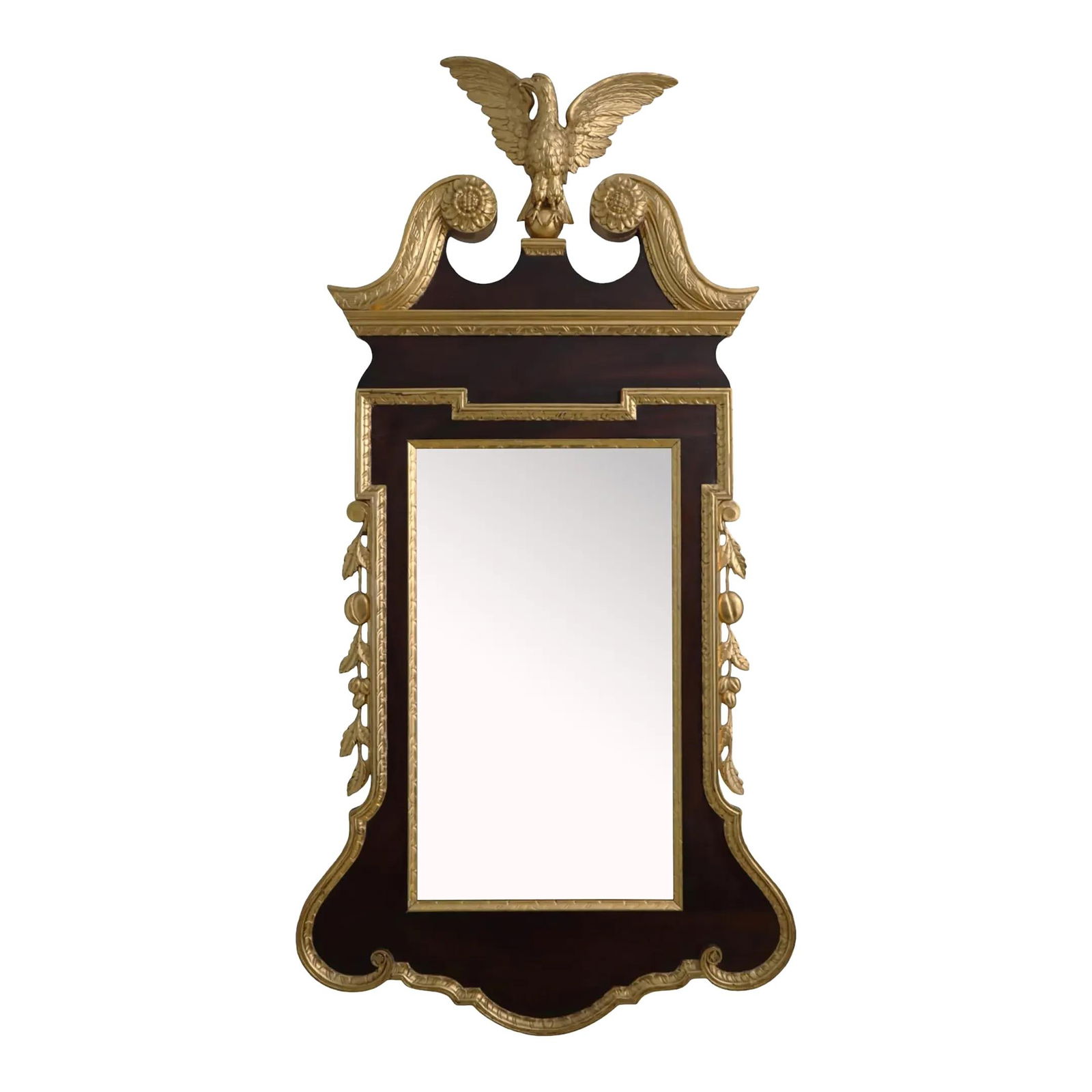 Vintage Federal Mahogany Mirror with Gold Gilt Trim and Eagle Crest: Vintage Federal Mahogany Mirror with Gold Gilt Trim and Eagle Crest This impressive Federal-style mahogany mirror features a striking gold gilt trim and a finely detailed winged eagle at the top. Craf