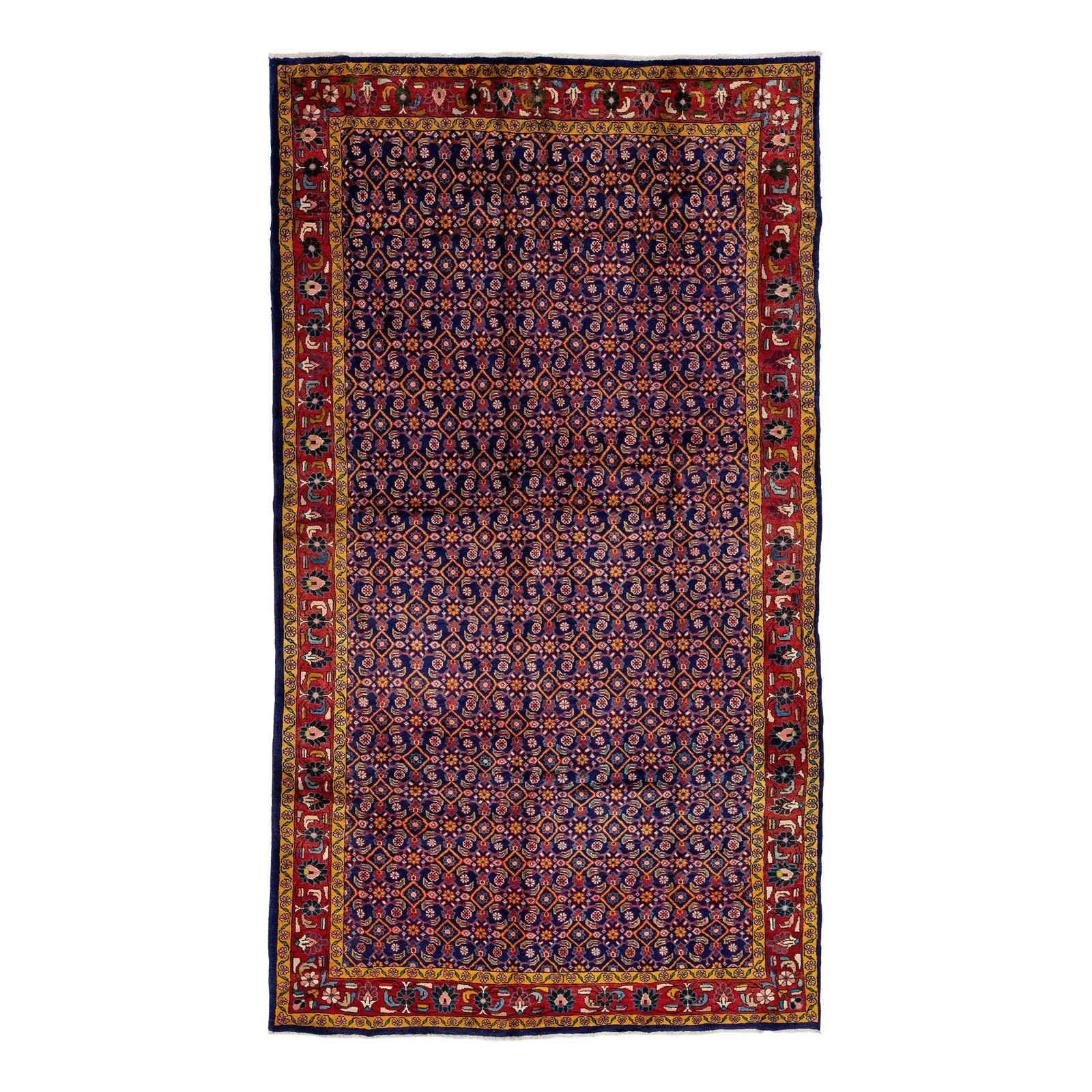 Vintage 1960s Hand-Knotted Blue Mahal Wool Rug 7'2 x 12'8: Vintage 1960s Hand-Knotted Blue Mahal Wool Rug 7'2 x 12'8 Add a touch of vintage elegance to your space with this stunning 1960s Blue Mahal wool rug. Hand-knotted with care, this rug features a rich n