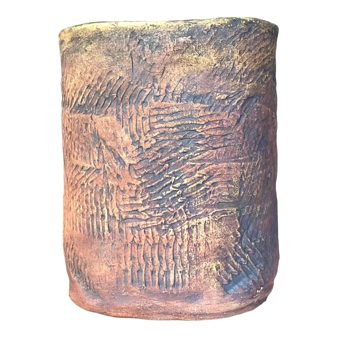 Handcrafted Cinnamon Ceramic Vase with Organic Textured Pattern: Handcrafted Cinnamon Ceramic Vase with Organic Textured Pattern This vintage boho textured ceramic vase features a unique, earthy aesthetic with handcrafted appeal. The vase is adorned with striking t