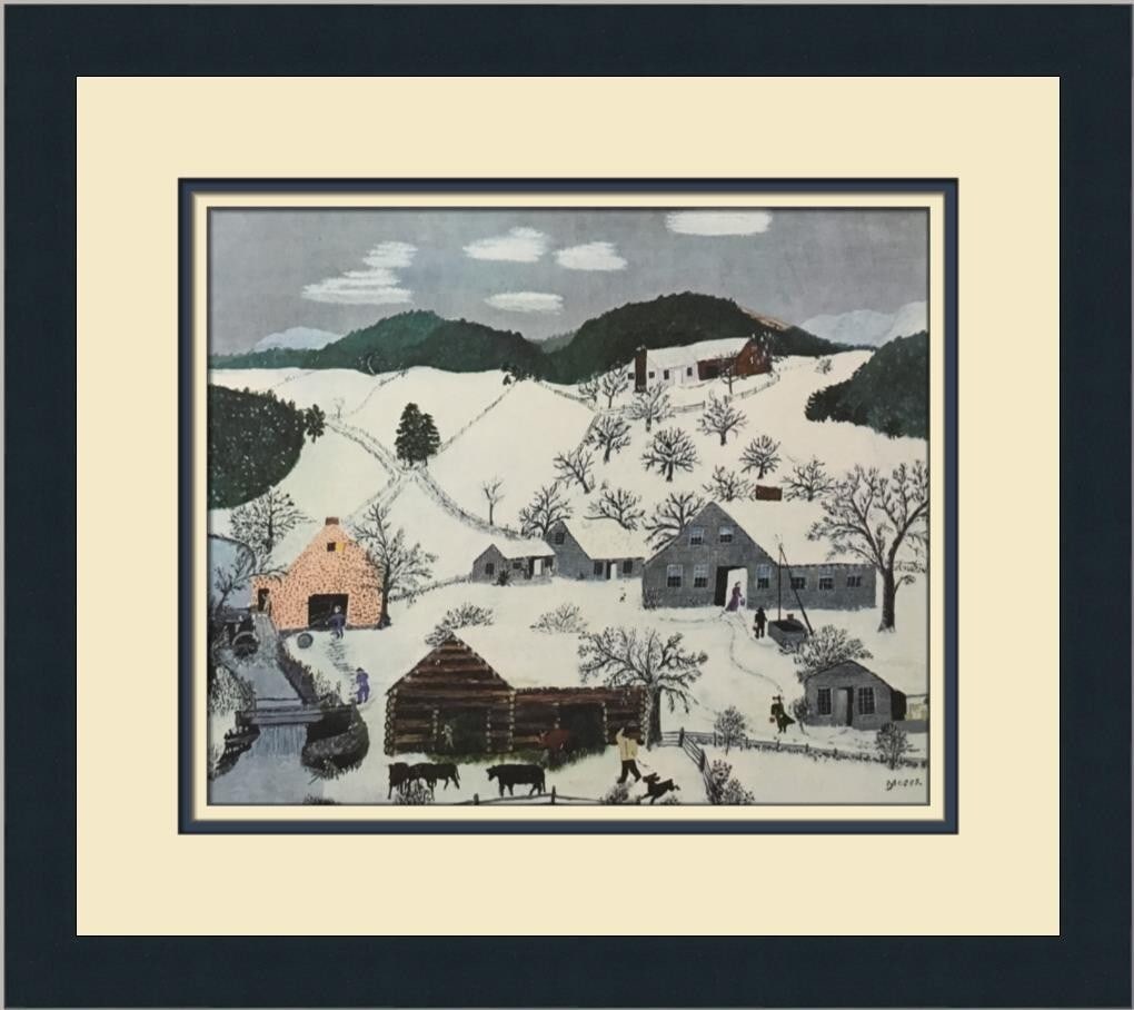 Grandma Moses The Old Oaken Bucket In Winter Custom Framed Art Print: Grandma Moses The Old Oaken Bucket In Winter Custom Framed Art Print This custom framed print titled "The Old Oaken Bucket In Winter" by Grandma Moses captures the charm of folk art. Created in 1975,