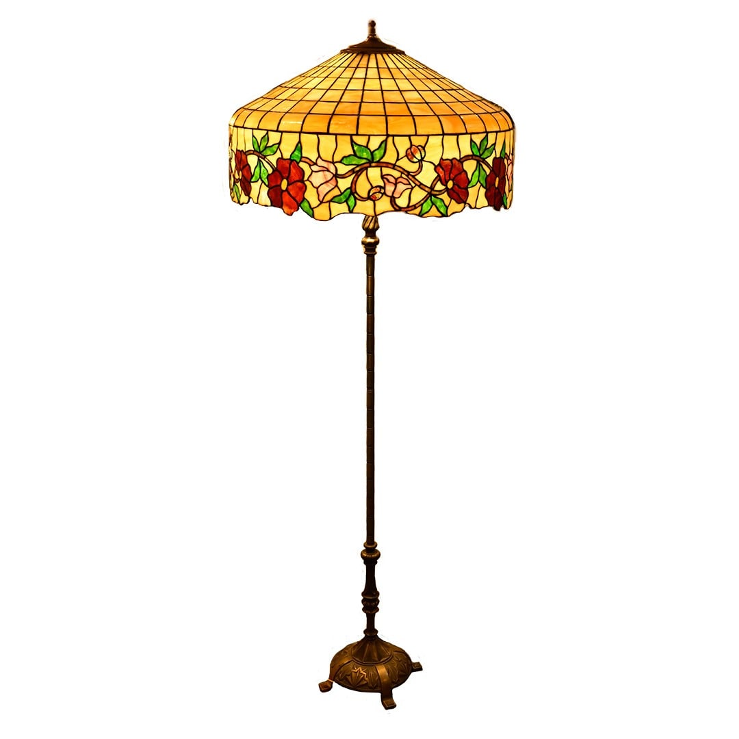 Art Deco Antique Floral Leaded Glass Floor Lamp with Bronze Base Circa 1910-1930 (1 of 5)