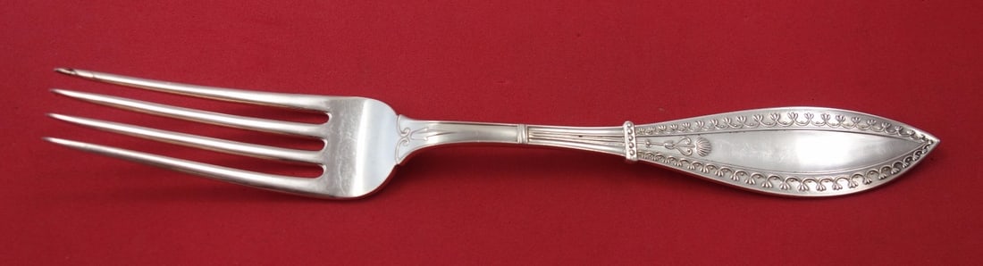 Rare Olympic Sterling Silver Dinner Fork by Schulz & Fischer 8": Rare Olympic Sterling Silver Dinner Fork by Schulz & Fischer 8" This exquisite dinner fork is crafted from sterling silver by the renowned maker Schulz & Fischer. Measuring 8 inches in length, it show