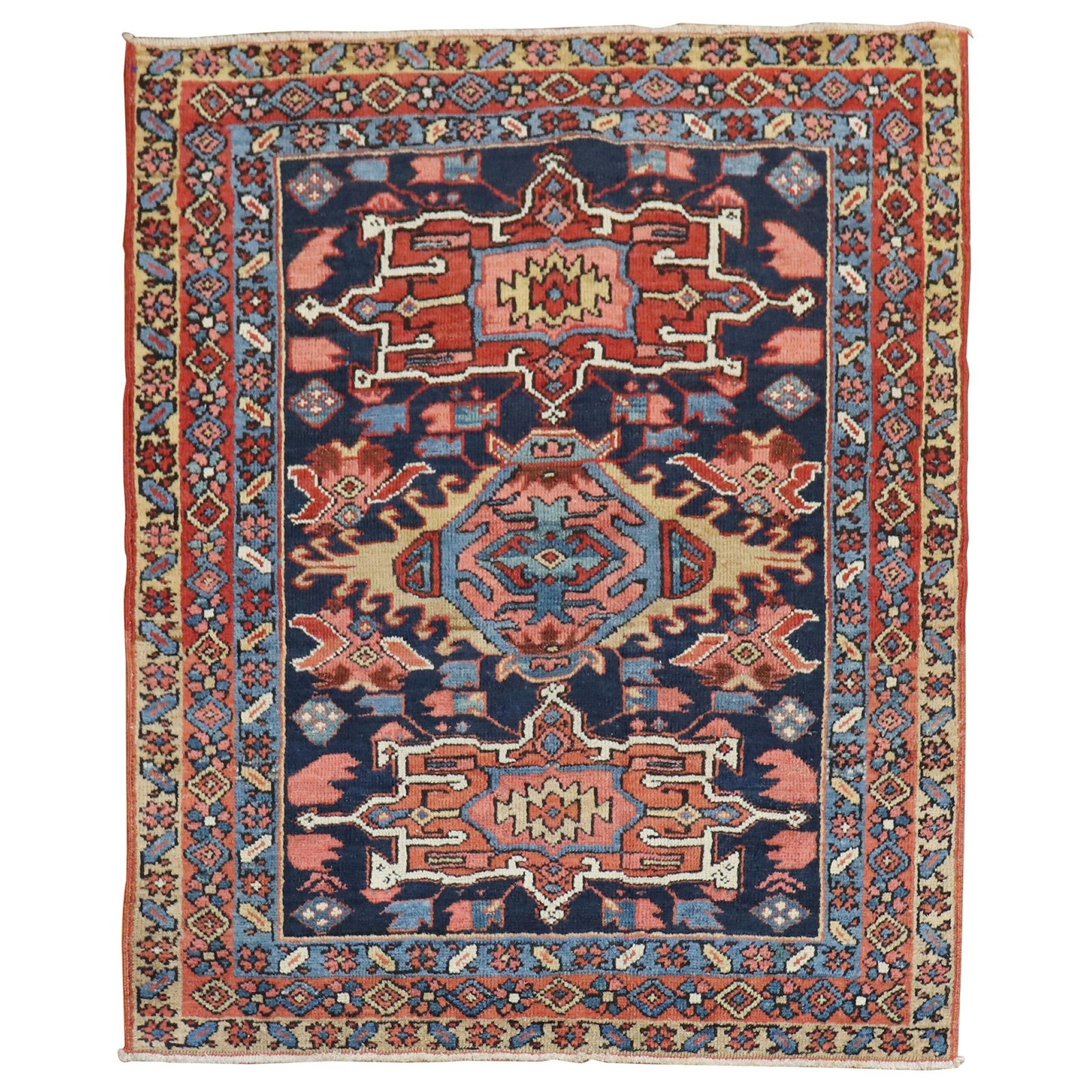Antique Persian Heriz Rug Navy Geometric 43 x 51 Hand-Woven Wool: Antique Persian Heriz Rug Navy Geometric 43 x 51 Hand-Woven Wool Discover the exquisite beauty of this traditional antique Persian Heriz rug, expertly hand-woven from high-quality wool. This square-sh