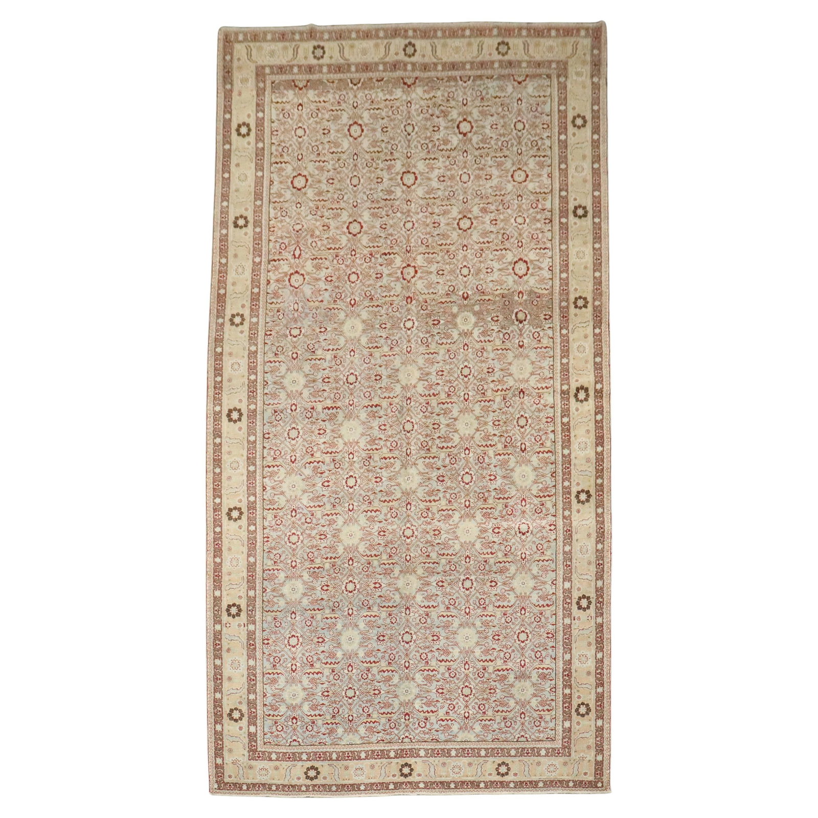 Early 20th Century Persian Tabriz Wool Rug 7'4 x 14' Hand Woven: Early 20th Century Persian Tabriz Wool Rug 7'4 x 14' Hand Woven This is a rare early 20th century Persian Tabriz gallery carpet, hand-woven from wool. The rug features an American Colonial style and o