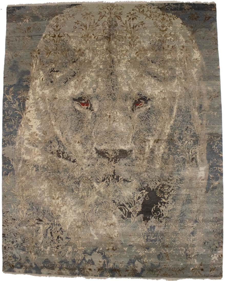 Pictorial Lion Motif Modern Wool Rug 8'1 x 10'2 Hand-Knotted Area Carpet: Pictorial Lion Motif Modern Wool Rug 8'1 x 10'2 Hand-Knotted Area Carpet This hand-knotted modern Oriental area rug features a unique pictorial lion design, adding a bold decorative touch to any space