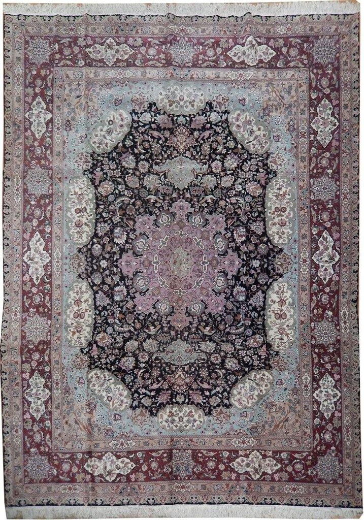 9 x 12 Handmade Black Wool Silk Tabriz Rug Luxury Design: 9 x 12 Handmade Black Wool Silk Tabriz Rug Luxury Design Free continental US Shipping Transform your living space with the 9 x 12 Black Wool & Silk Sino Tabriz Rug. This exquisite piece is meticulousl