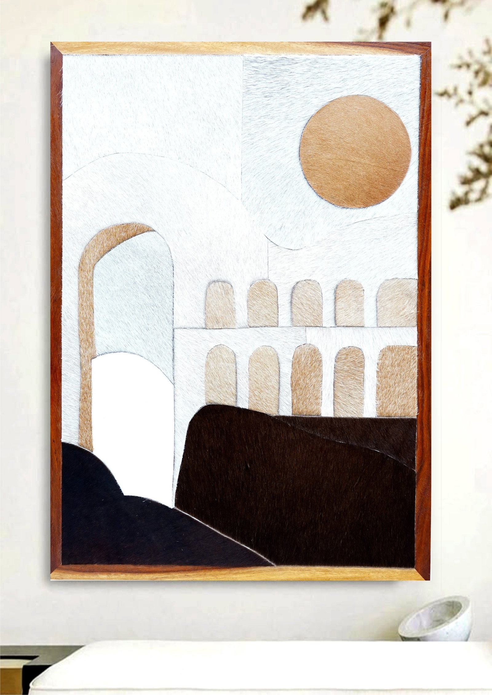 Handcrafted Cowhide Mosaic Wall Art Mediterranean Arch Sun Minimalist Design 12x12: Handcrafted Cowhide Mosaic Wall Art Mediterranean Arch Sun Minimalist Design 12x12 Free continental US Shipping This handcrafted wall art features a minimalist Mediterranean-inspired design with sun m