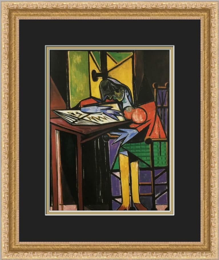 Pablo Picasso Woman Reading Custom Framed Offset Lithograph Art Print: Pablo Picasso Woman Reading Custom Framed Offset Lithograph Art Print This stunning custom framed print titled 'Woman Reading' by Pablo Picasso showcases a captivating abstract cubism figurative art