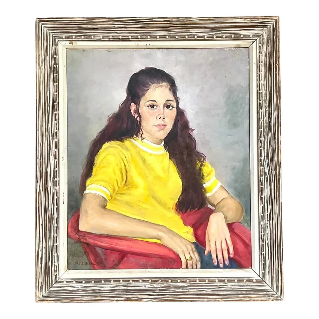 Signed Oil Painting Portrait Featuring Young Woman in Yellow Top: Signed Oil Painting Portrait Featuring Young Woman in Yellow Top This vintage boho oil portrait features a young woman in a vibrant yellow top, seated in a relaxed pose. The painting showcases detaile