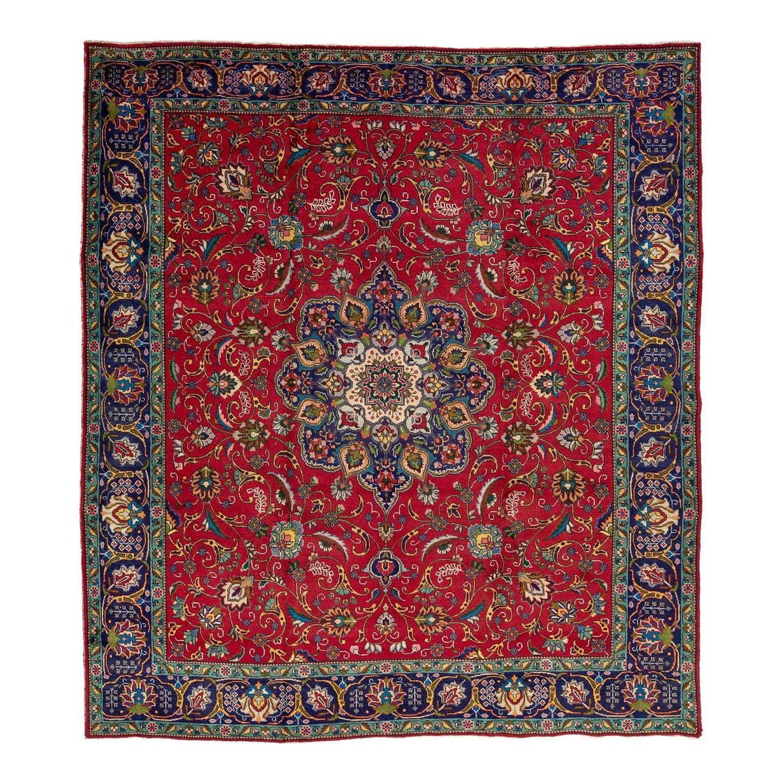 Handmade Vintage Tabriz Red Wool Rug 9'10" x 11'2" Rosette Design: Handmade Vintage Tabriz Red Wool Rug 9'10" x 11'2" Rosette Design Experience the beauty of this handmade vintage Tabriz rug, crafted from rich red wool. Featuring an intricate rosette design, this rug