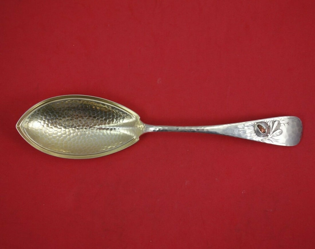 Whiting Sterling Silver 9" Berry Spoon Mixed Metals Pomegranate Design: Whiting Sterling Silver 9" Berry Spoon Mixed Metals Pomegranate Design This exquisite 9" berry spoon from Whiting showcases the unique Mixed Metals pattern. Crafted from sterling silver, this serving