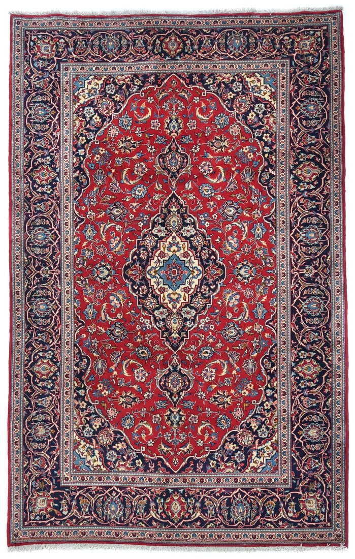 Vintage Hand-Knotted Wool Oriental Rug 6'6 x 10'3 Red Floral Traditional Design: Vintage Hand-Knotted Wool Oriental Rug 6'6 x 10'3 Red Floral Traditional Design This handmade vintage area rug features a traditional floral Oriental pattern in shades of red, purple-navy, cream, brow
