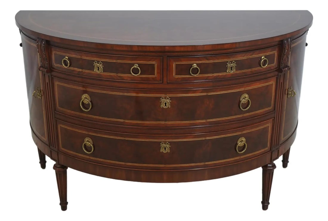 Walnut Dresser Server in French Louis XVI Style with Inlay by Karges: Walnut Dresser Server in French Louis XVI Style with Inlay by Karges This French Louis XVI style dresser, commode, or server features fine carved details and high-quality walnut construction. Showcasi