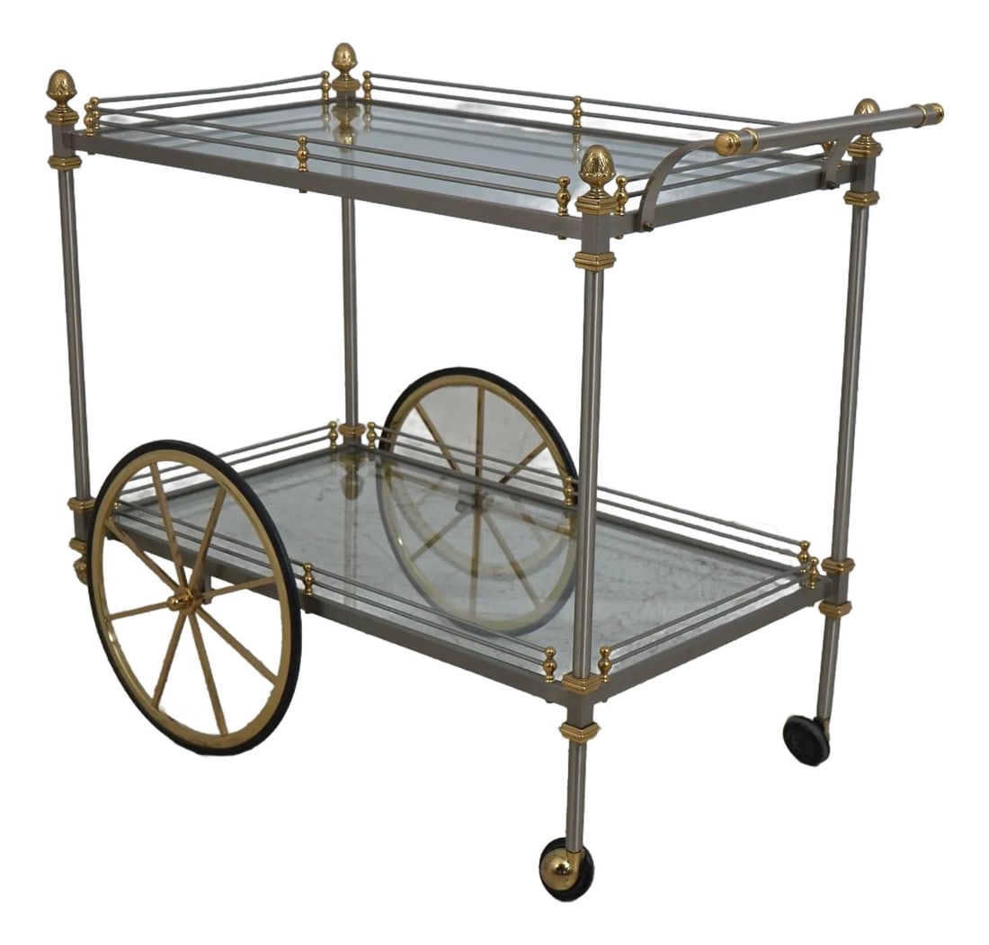 Regency Style Brass and Steel Tea Cart 20 x 36 x 31.5: Regency Style Brass and Steel Tea Cart 20 x 36 x 31.5 This Regency Style Brass & Steel Tea Cart is a stunning addition to any home decor. Crafted with a quality steel frame and adorned with solid