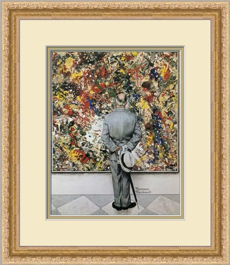 Norman Rockwell Man Admiring Painting Custom Framed Offset Lithograph: Norman Rockwell Man Admiring Painting Custom Framed Offset Lithograph This stunning print titled "Man Admiring Painting" by Norman Rockwell captures a thoughtful moment in Americana figurative art.