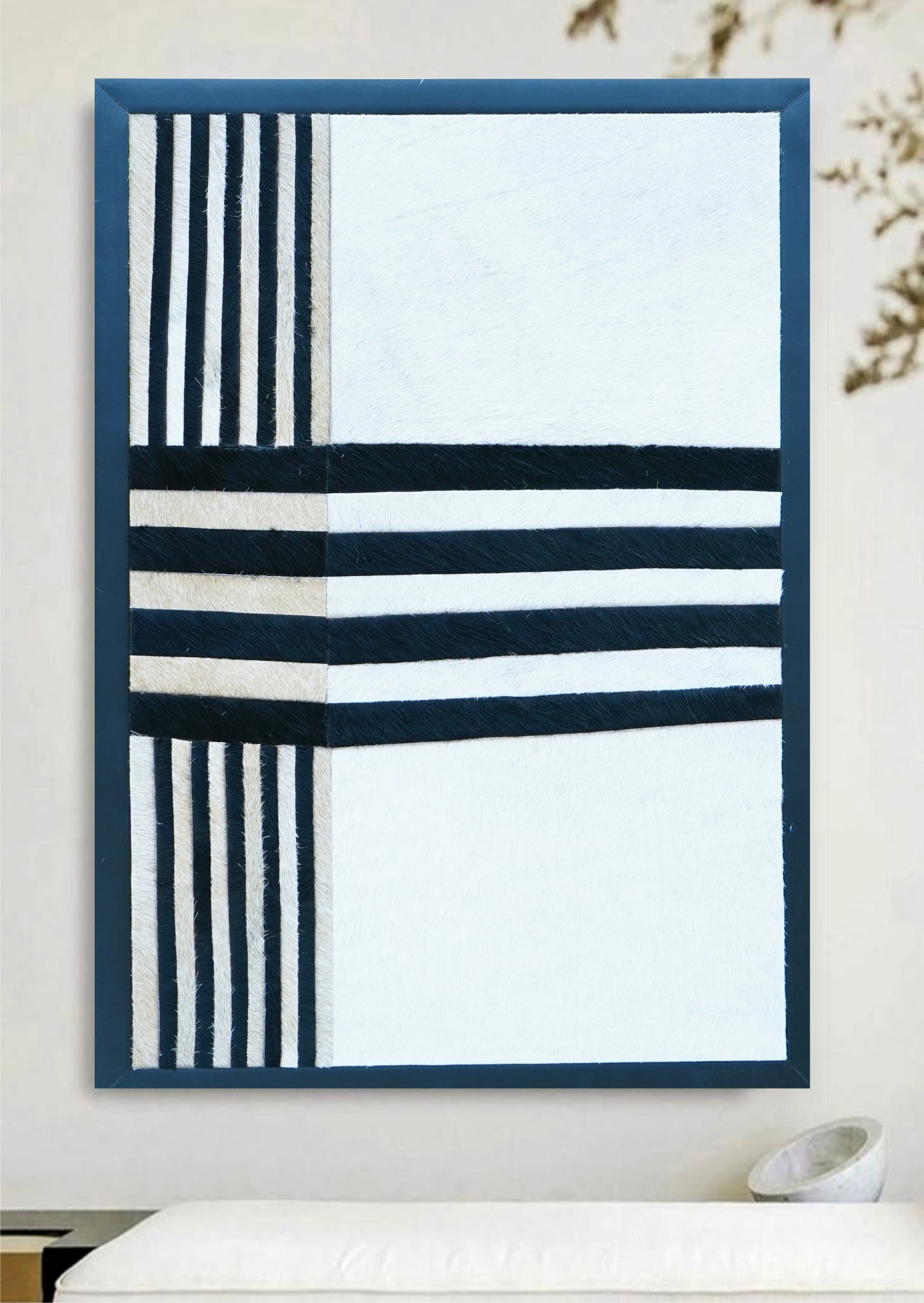 Handcrafted Black and White Cowhide Geometric Wall Art with Frame: Handcrafted Black and White Cowhide Geometric Wall Art with Frame Free continental US Shipping This handcrafted monochrome wall art features an abstract geometric design made from high-quality hair-on