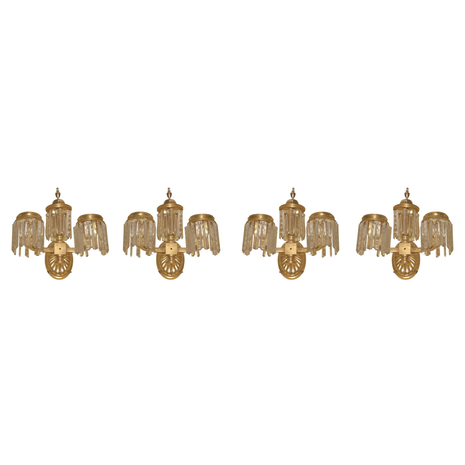 Four Regency Style French Gilt Bronze and Crystal Two-Light Sconces Set: Four Regency Style French Gilt Bronze and Crystal Two-Light Sconces Set This is a set of four antique English Regency style wall sconces from the early 20th century, crafted from gilt bronze and cryst