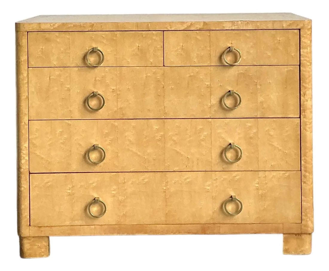Burl Wood Chest with Brass Pulls Vintage Bohemian Style Storage: Burl Wood Chest with Brass Pulls Vintage Bohemian Style Storage This vintage burl wood chest of drawers features a striking burl wood veneer with a distinctive swirling grain pattern, making each piec
