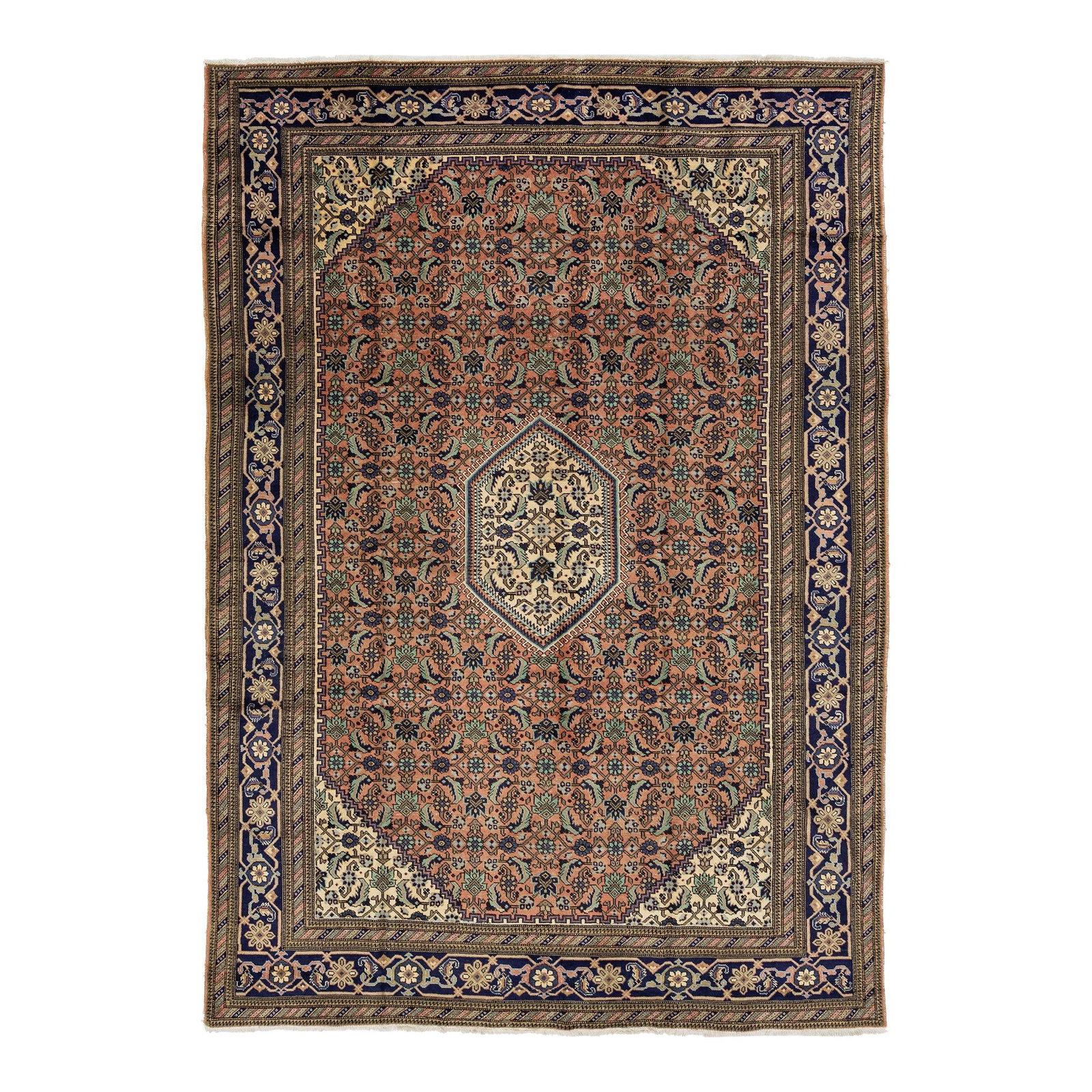 Vintage Persian Tabriz Hand-Knotted Wool Rug 7'7 x 10'10 Terracotta Blue Green Accents: Vintage Persian Tabriz Hand-Knotted Wool Rug 7'7 x 10'10 Terracotta Blue Green Accents This exquisite Persian hand-knotted wool rug showcases a rich terracotta color field beautifully complemented by
