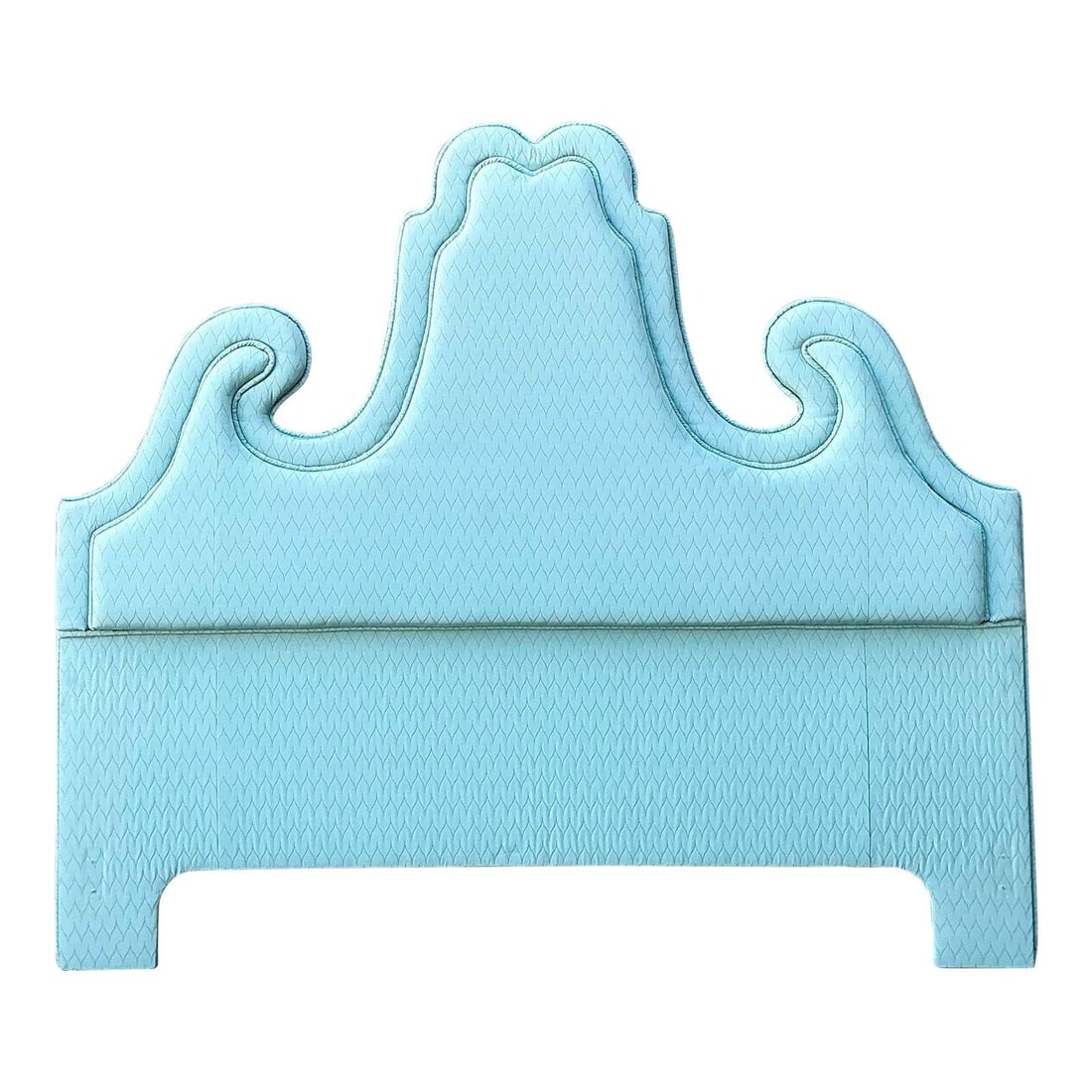 Pagoda-Inspired Hollywood Regency Queen Headboard in Seafoam Green Upholstery: Pagoda-Inspired Hollywood Regency Queen Headboard in Seafoam Green Upholstery This vintage Hollywood Regency queen headboard features a dramatic stepped pagoda-inspired silhouette, upholstered in seaf