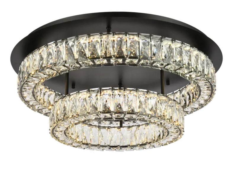 Monroe 26 Inch Black Flush Mount LED Crystal Ceiling Chandelier 2 Tier: Monroe 26 Inch Black Flush Mount LED Crystal Ceiling Chandelier 2 Tier This modern crystal flush mount chandelier features a black finish and a two-tier design with integrated LED lighting. The fixtur