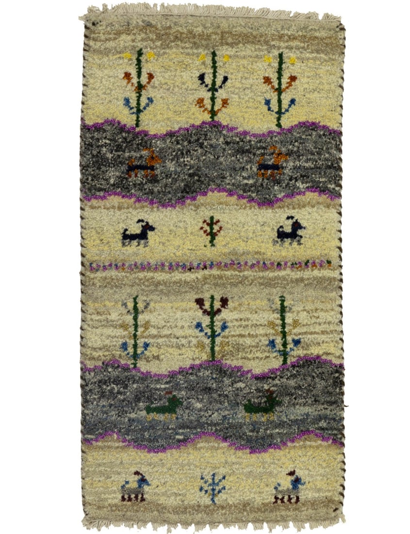 Hand-Knotted Tribal Indo-Gabbeh Wool Area Rug 1'4 x 2'7: Hand-Knotted Tribal Indo-Gabbeh Wool Area Rug 1'4 x 2'7 Enhance your living space with this Contemporary Tribal Indo-Gabbeh Oriental Rug, designed to bring a touch of modern elegance to any room. Meas