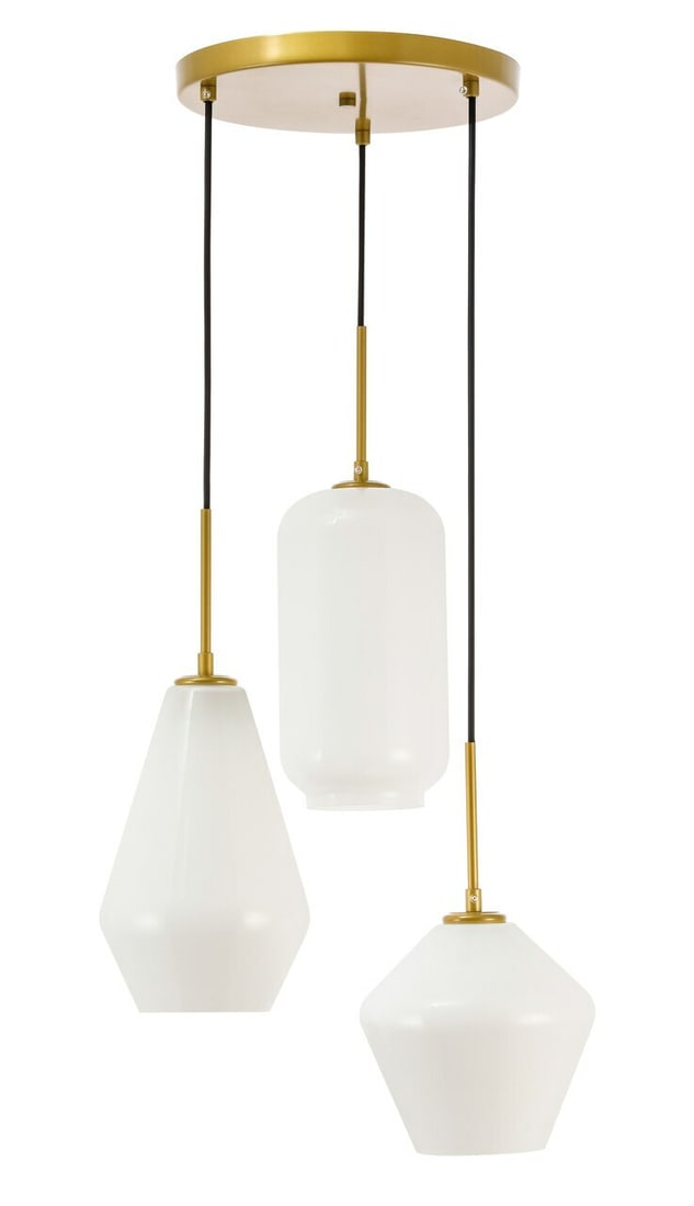 Gene Modern Brass Pendant with Frosted White Glass Shades Adjustable 3-Light Chandelier: Gene Modern Brass Pendant with Frosted White Glass Shades Adjustable 3-Light Chandelier This modern pendant chandelier features three round frosted white glass shades with a brass and black finish. De