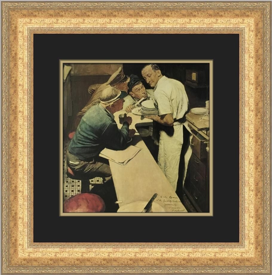 Norman Rockwell The War News Custom Framed Art Print 1977: Norman Rockwell The War News Custom Framed Art Print 1977 Celebrate the iconic artistry of Norman Rockwell with this custom framed print titled "The War News." This medium-sized piece, measuring 20 in