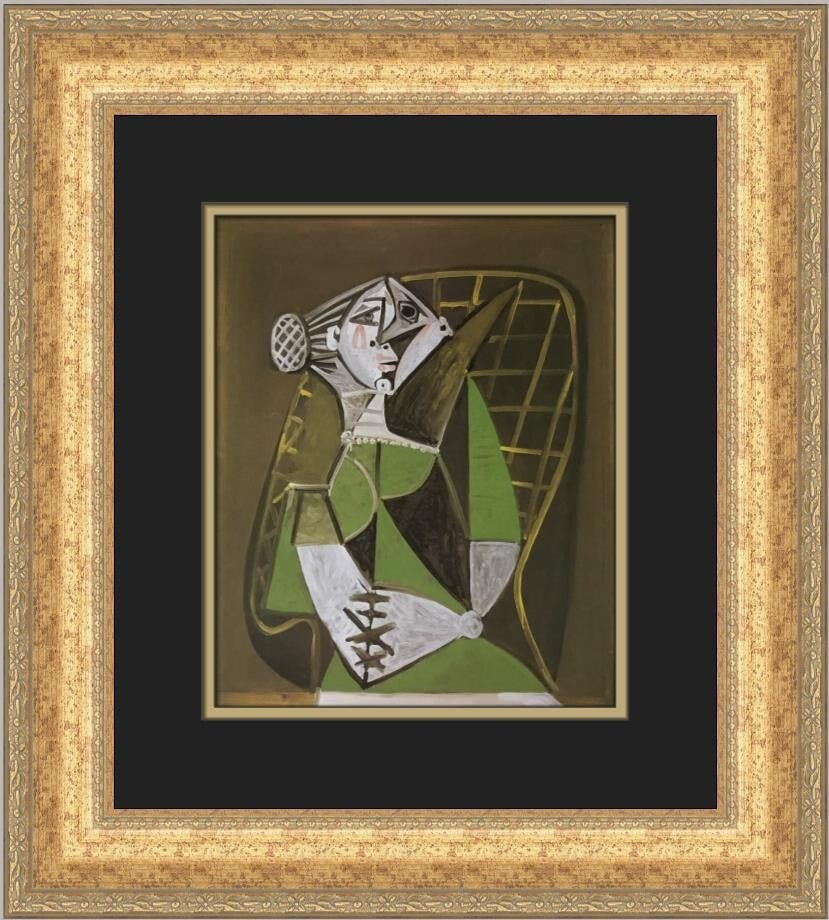 Pablo Picasso Seated Woman with Bun Custom Framed Art Print: Pablo Picasso Seated Woman with Bun Custom Framed Art Print This exceptional art print titled 'Seated Woman with Bun' by Pablo Picasso showcases a unique blend of Abstract Expressionism and Impression