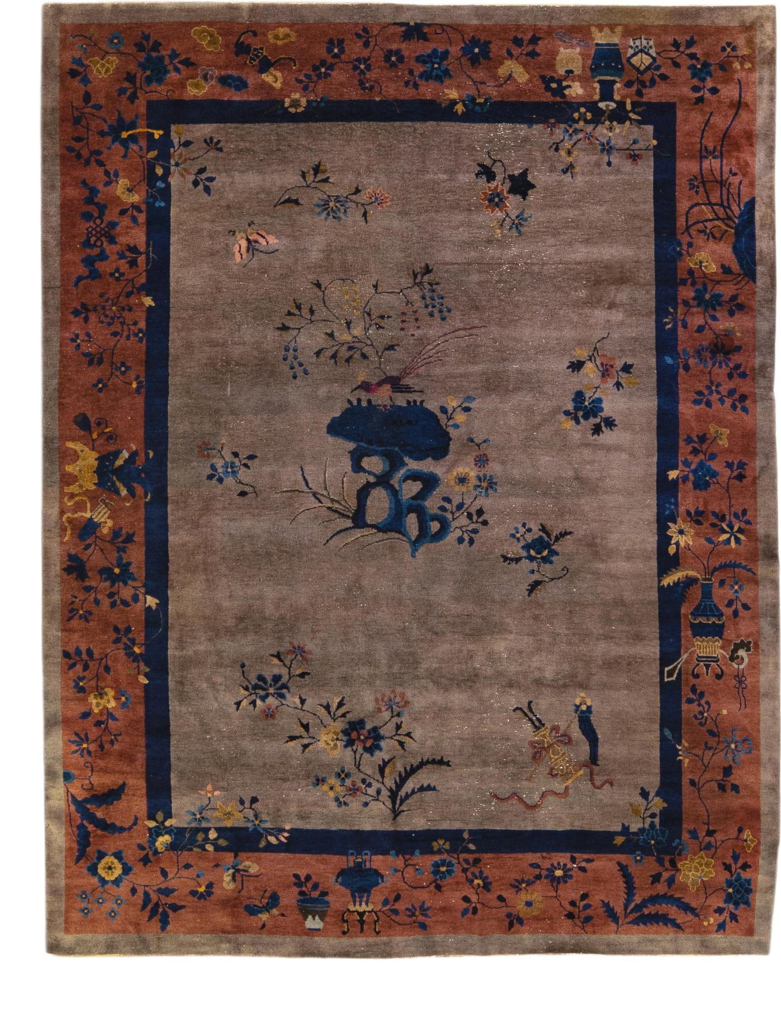 Antique Art Deco Floral Chinese Wool Rug 8'10 x 11'5: Antique Art Deco Floral Chinese Wool Rug 8'10 x 11'5 Discover the elegance of this antique Art Deco Chinese hand-knotted wool rug, featuring a striking gray field paired with a tan frame. Adorned with