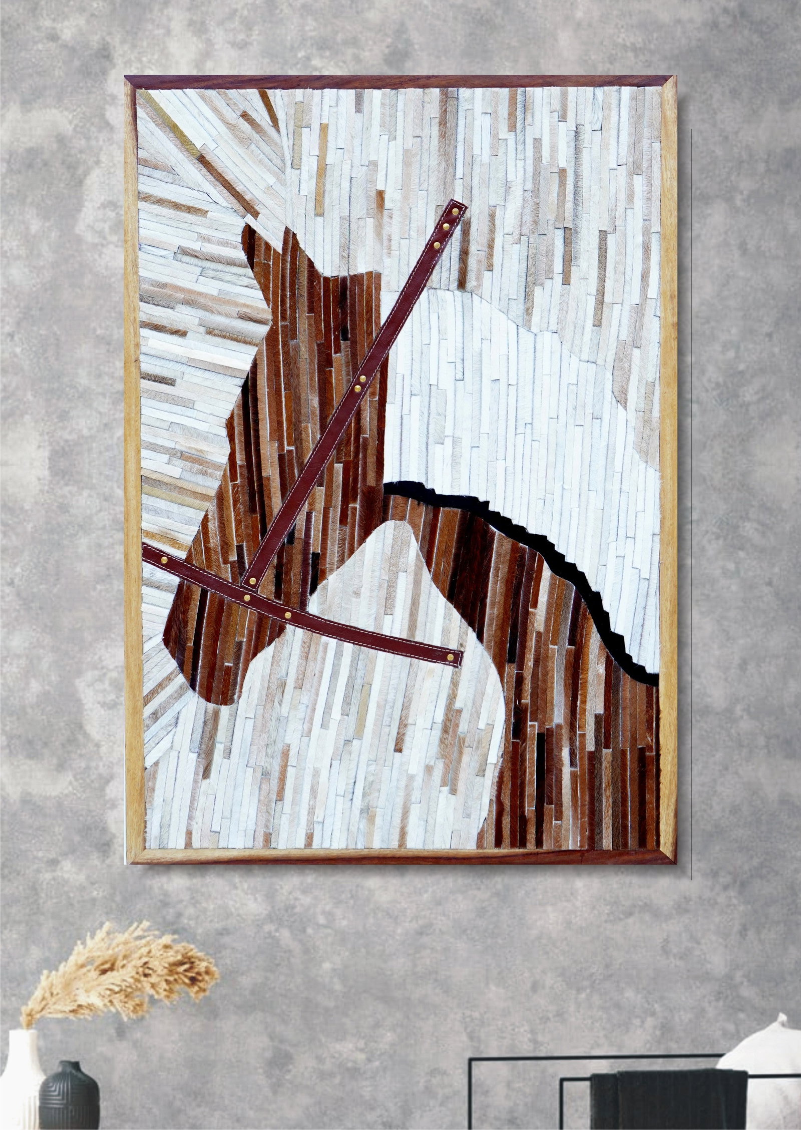Handcrafted Brown White Cowhide Mosaic Wall Art Abstract Horse Design: Handcrafted Brown White Cowhide Mosaic Wall Art Abstract Horse Design Free continental US Shipping This handcrafted wall art features an abstract horse silhouette composed of genuine cowhide pieces, o