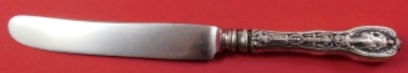 Sterling Silver Regular Knife 8.5 Inch Mythologique Pattern by Gorham: Sterling Silver Regular Knife 8.5 Inch Mythologique Pattern by Gorham This is a Gorham Mythologique regular knife featuring a sterling silver hollow handle and a stainless blade. The knife is crafted