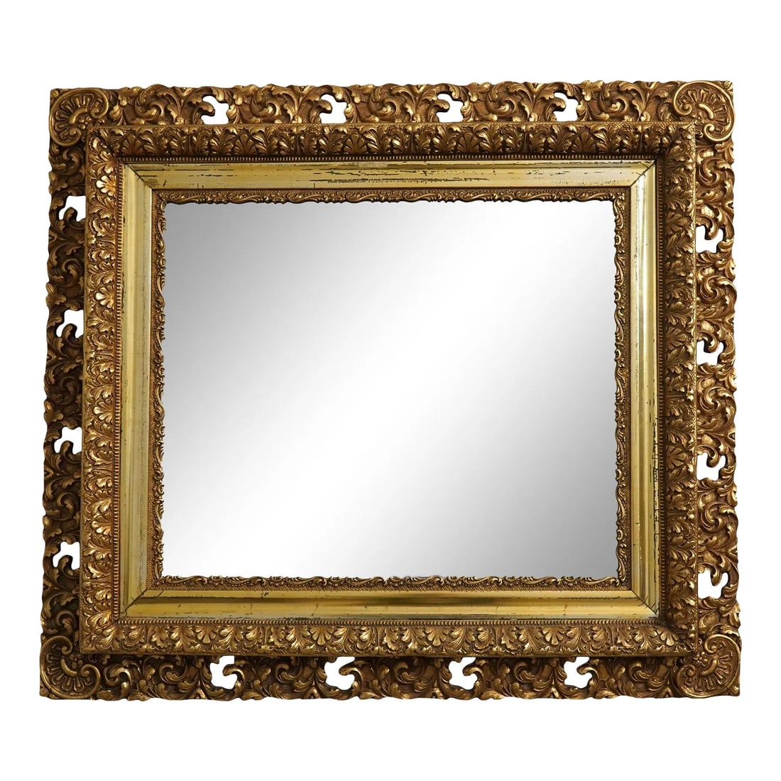 Vintage Late 19th Century Ornate Gold Framed Mirror 31.5x35.5: Vintage Late 19th Century Ornate Gold Framed Mirror 31.5x35.5 This exquisite ornate rectangular mirror features a luxurious gold frame, reflecting the craftsmanship of the late 19th century. It showca