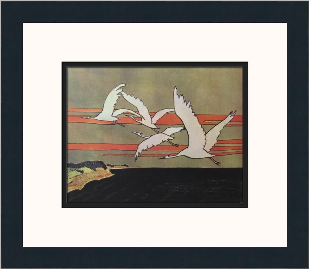 Walter Leistikow Flying Cranes Custom Framed Art Print 1968: Walter Leistikow Flying Cranes Custom Framed Art Print 1968 This beautifully framed print titled "Flying Cranes" is a stunning reproduction by artist Walter Leistikow, created in 1968. The piece showc