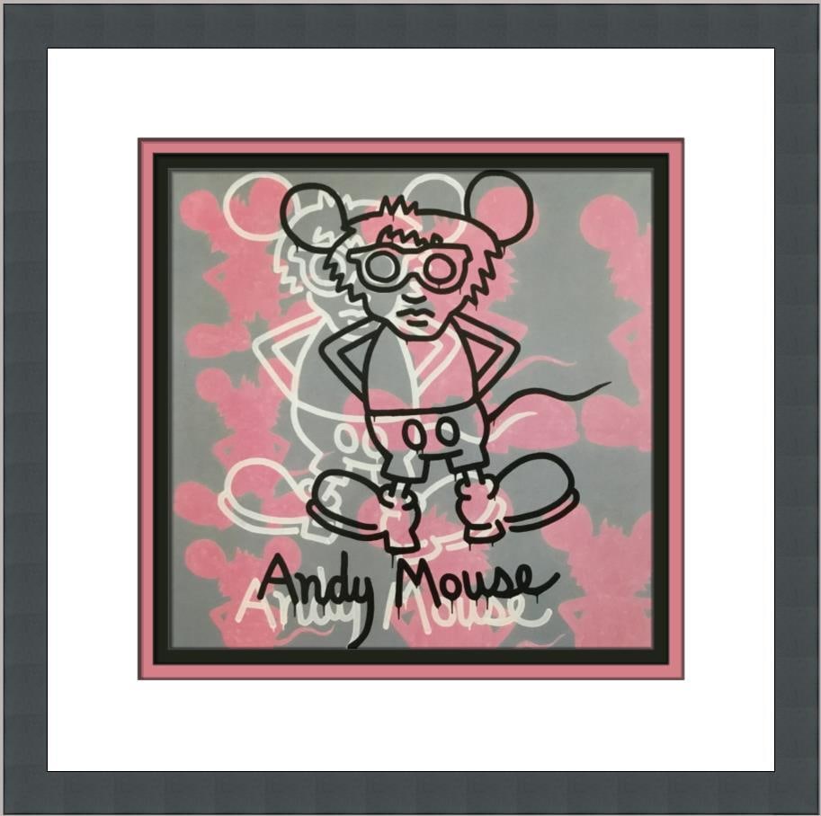 Keith Haring Andy Mouse I Custom Framed Pop Art Print 12 x 14: Keith Haring Andy Mouse I Custom Framed Pop Art Print 12 x 14 This vibrant Keith Haring print titled "Andy Mouse I" showcases the iconic Pop Art style of the renowned artist. Created using lithography