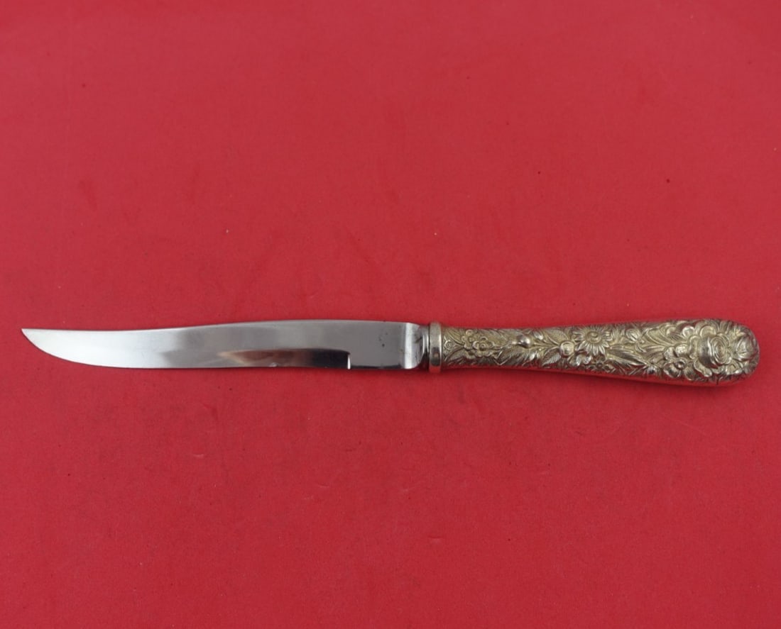 Kirk Repousse Sterling Silver Steak Knife 8.5 Inch Bevel Blade: Kirk Repousse Sterling Silver Steak Knife 8.5 Inch Bevel Blade This exquisite steak knife is crafted by Kirk in the classic Repousse pattern. It features a sterling silver (.925) hollow handle paired