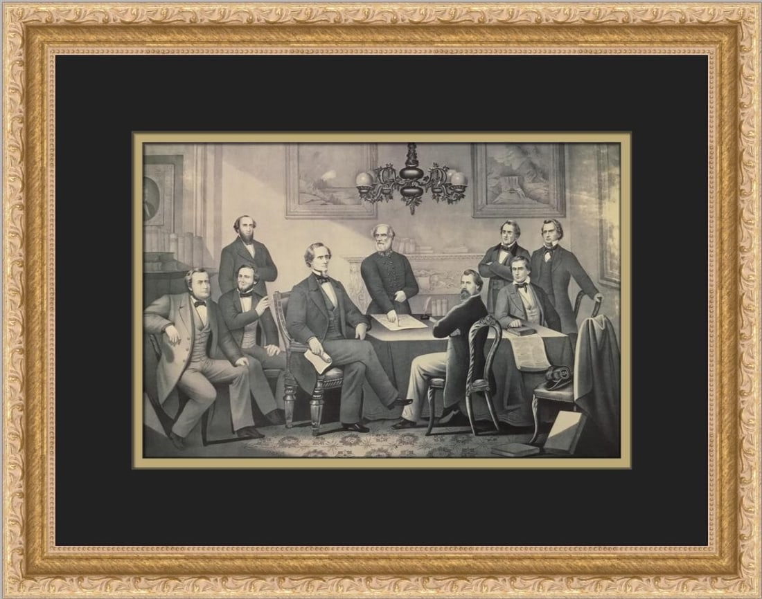 Jefferson Davis and His Cabinet Custom Framed Print 14 x 17: Jefferson Davis and His Cabinet Custom Framed Print 14 x 17 This custom framed print features the renowned artwork titled "Jefferson Davis and His Cabinet," showcasing a historical depiction in a real