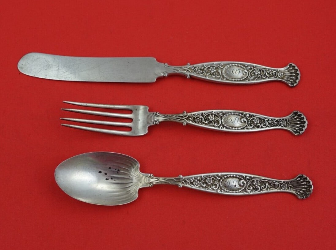 Whiting Hyperion Sterling Silver 3pc Junior Set Knife Fork Spoon: Whiting Hyperion Sterling Silver 3pc Junior Set Knife Fork Spoon This exquisite 3-piece junior set in the Hyperion pattern by Whiting is crafted from sterling silver, showcasing timeless elegance. The