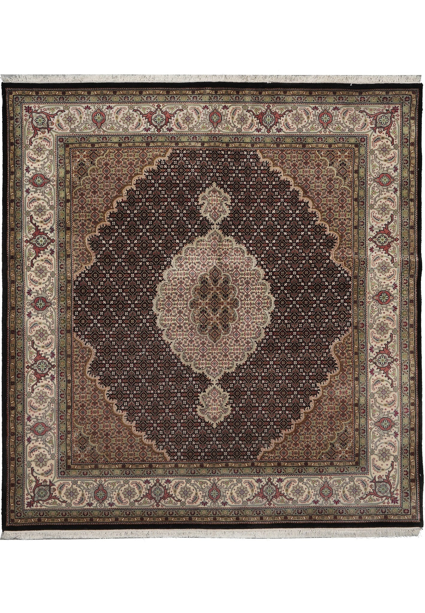 6.5 x 6.8 Square Hand-Knotted Wool Silk Mahi Tabriz Rug Persian: 6.5 x 6.8 Square Hand-Knotted Wool Silk Mahi Tabriz Rug Persian Free continental US Shipping This hand-knotted Mahi Tabriz rug, crafted in Tabriz, Iran, features a rare square format measuring approxi
