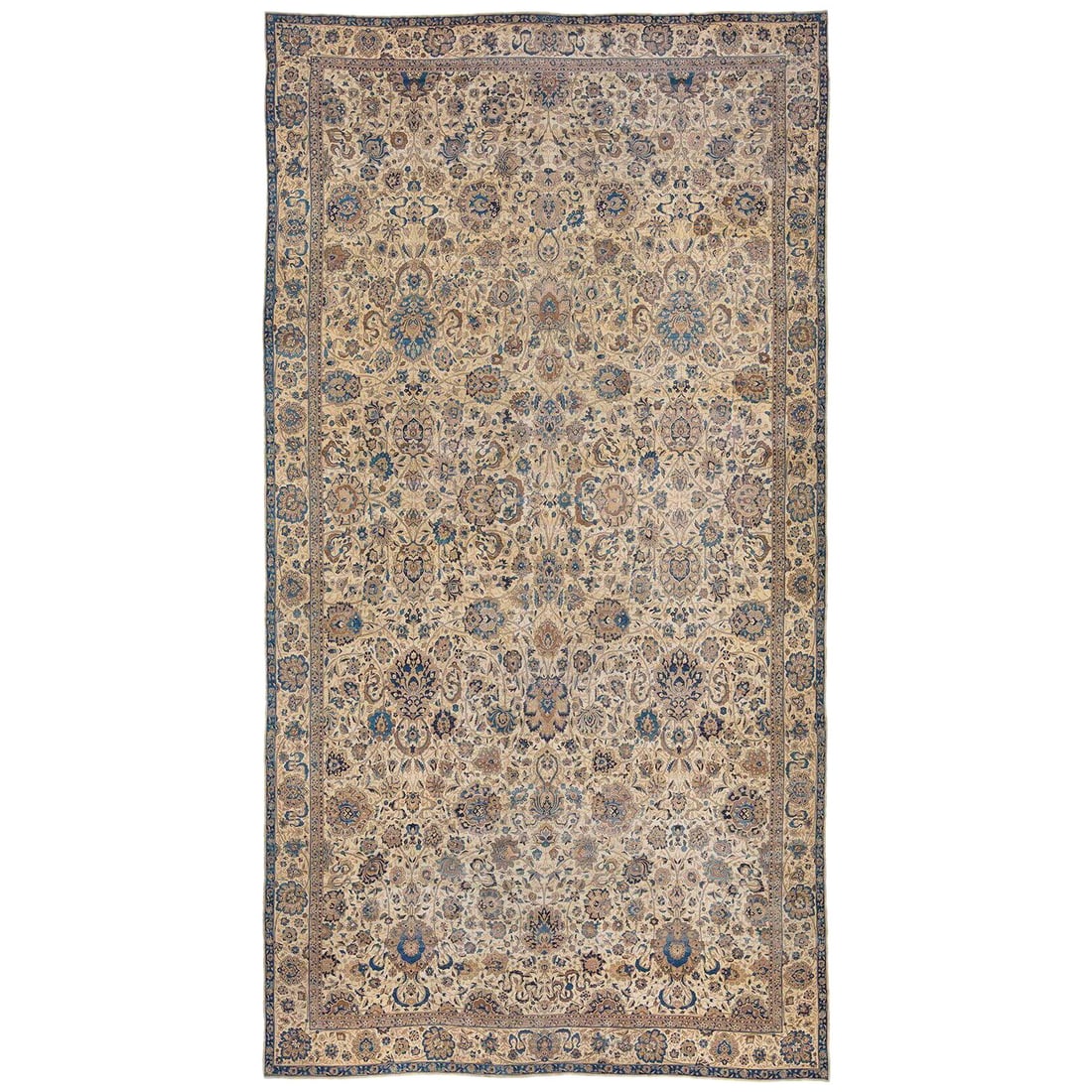 Palace Size 19th Century Kirman Antique Indian Wool Rug: Palace Size 19th Century Kirman Antique Indian Wool Rug This stunning palace size antique Indian rug features an elegant ivory field adorned with denim blue accents. Crafted from high-quality wool, th