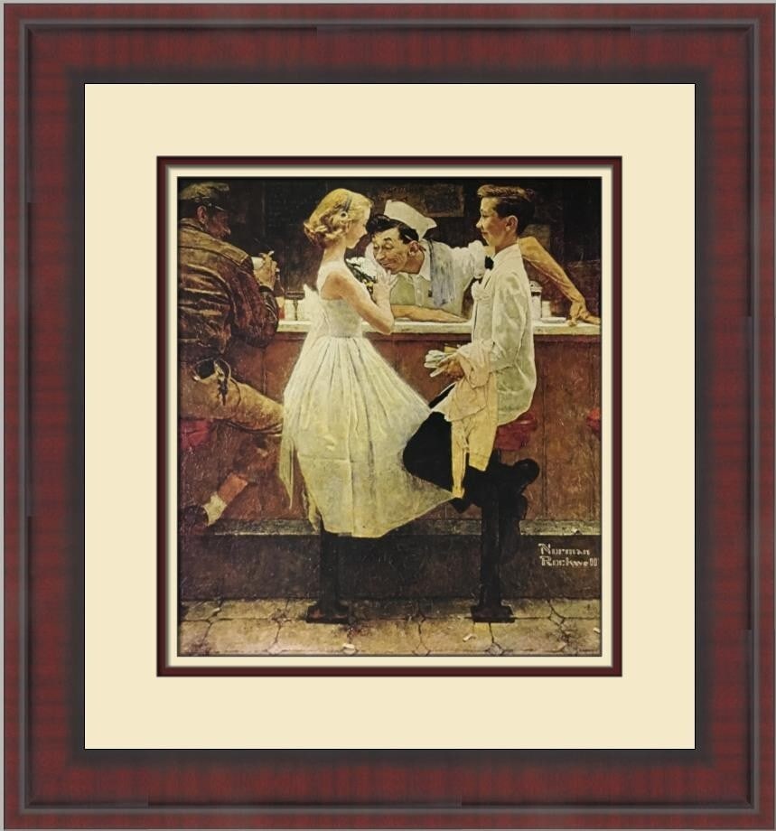 Norman Rockwell After The Prom Custom Framed Lithograph Print: Norman Rockwell After The Prom Custom Framed Lithograph Print This custom framed print titled "After The Prom" by Norman Rockwell captures a charming scene in a landscape orientation. Produced in 1972