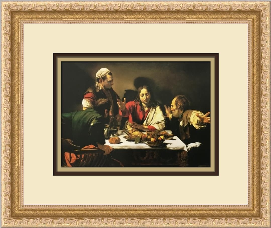 Caravaggio Supper in Emmaus Custom Framed Print 11x14 Landscape Art: Caravaggio Supper in Emmaus Custom Framed Print 11x14 Landscape Art This exquisite custom framed print features Caravaggio's iconic artwork, "Supper in Emmaus." Measuring 14 in. by 11 in., this piece