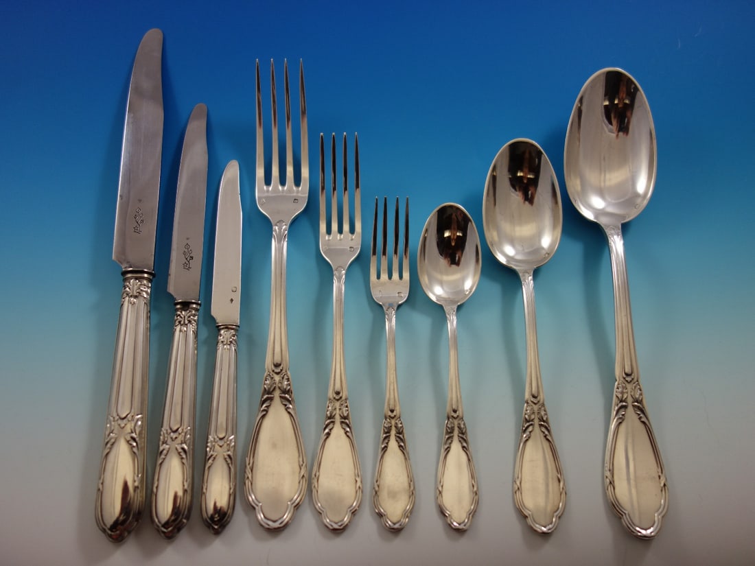 Henin & Cie 112pc Sterling Silver Flatware Set for 12 with Leaf Design: Henin & Cie 112pc Sterling Silver Flatware Set for 12 with Leaf Design This exquisite Henin & Cie French sterling silver flatware set features a stunning leaf design and offers a complete service for