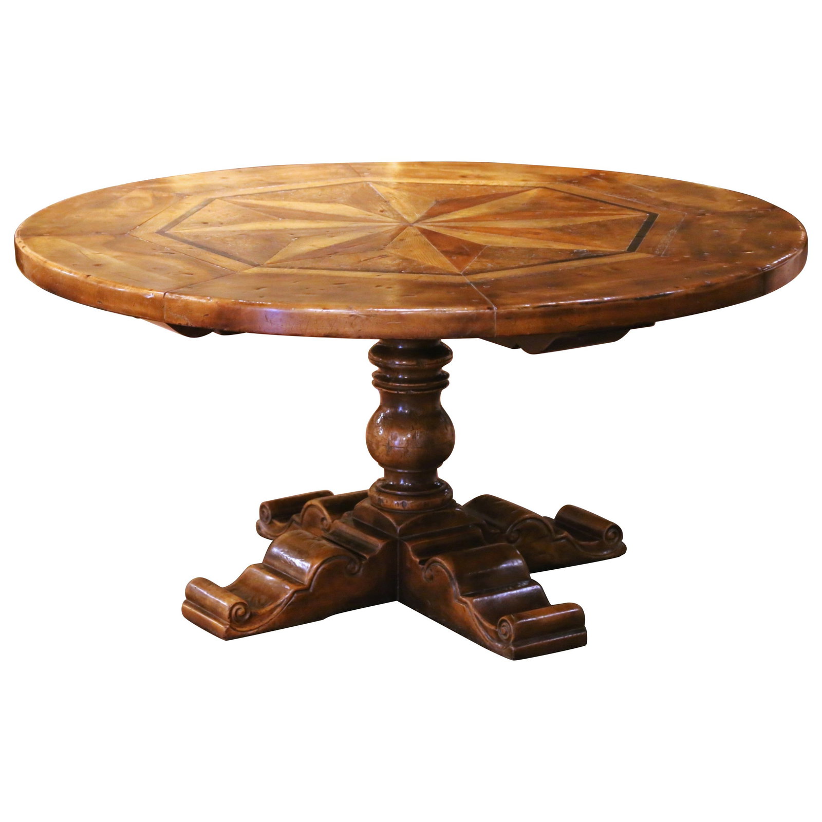 Mid-Century French Louis XIII Style Inlaid Round Dining Table With Mixed Hardwoods: Mid-Century French Louis XIII Style Inlaid Round Dining Table With Mixed Hardwoods This mid-20th century French round dining table is crafted in the Louis XIII style, originating from the Pyrenees reg