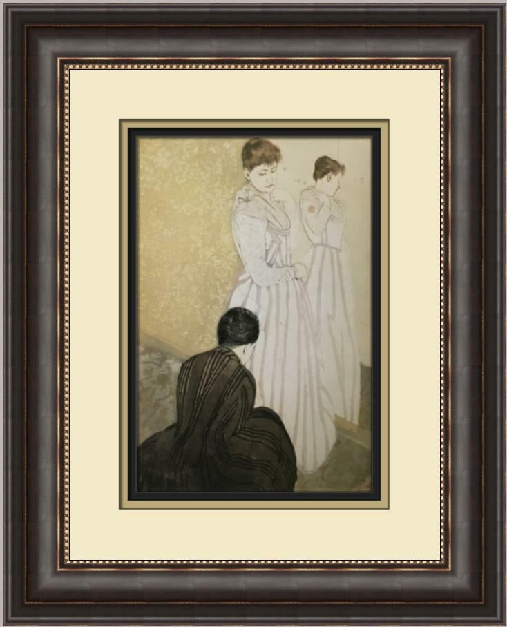 Mary Cassatt The Fitting Custom Framed Print Americana Art: Mary Cassatt The Fitting Custom Framed Print Americana Art This beautifully custom framed print titled 'The Fitting' by Mary Cassatt showcases her iconic impressionist style, featuring figures in a po