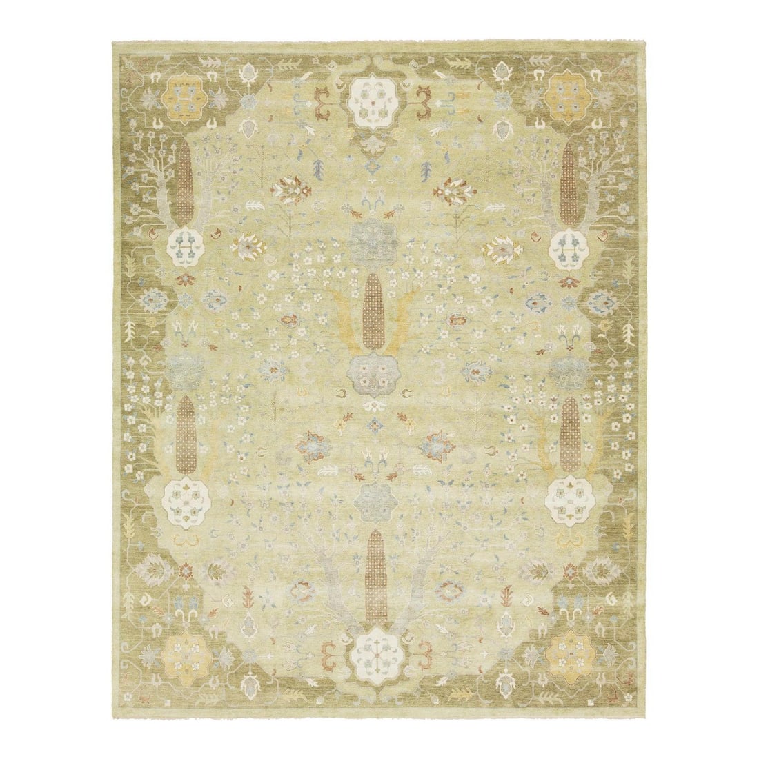 Handmade Green Floral Oushak Style Wool Rug 12 x 15'1: Handmade Green Floral Oushak Style Wool Rug 12 x 15'1 Enhance your living space with this stunning handmade wool rug in a contemporary Oushak style. Featuring a beautiful light green background, the r
